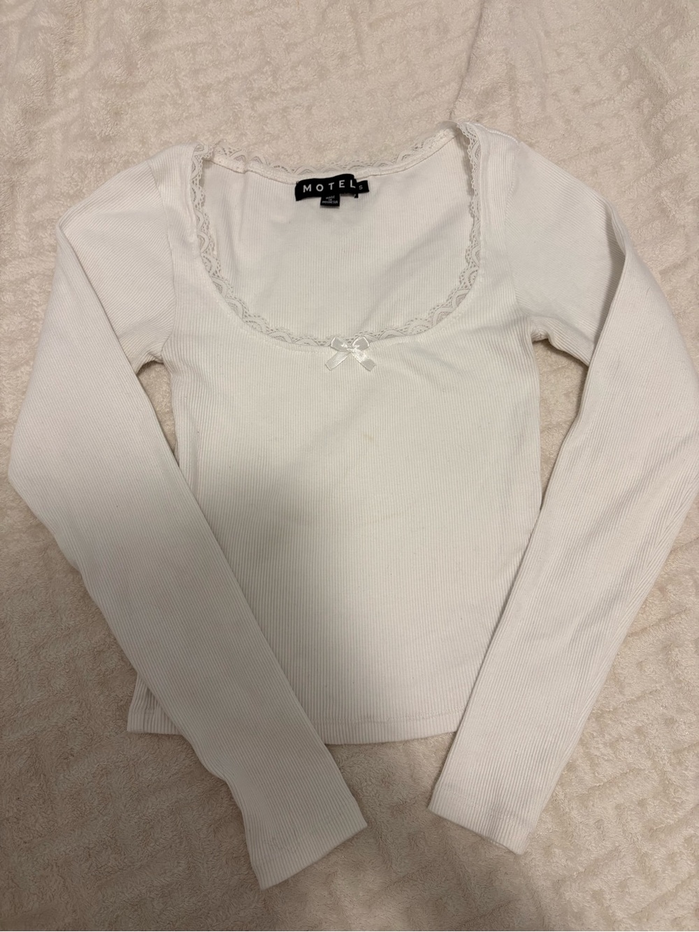 Motel Rocks White Ribbed Lace-Trim Scoop Neck Long Sleeve Top